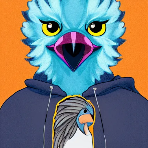 Image similar to front facing portrait. humanoid furry! anthro, anthro, anthro, avian, avian, avian!!! fursona, bird, bird, bird!!! digital art! trending on artstation! subject wearing hoodie and jeans!! subject is female!! female!!! big beak, big beak, big beak!!! blue feathers!! birdfolk!! owlkin!! Character design by charlie bowater, ross tran, artgerm, and makoto shinkai!!! detailed!!!