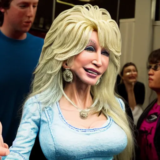 Prompt: Mark Zuckerberg dressed as teenage dolly parton in NYC, realistic, 8k resolution, hyperdetailed, highly detailed, real life, studio lighting, high quality, photo, cleavage,