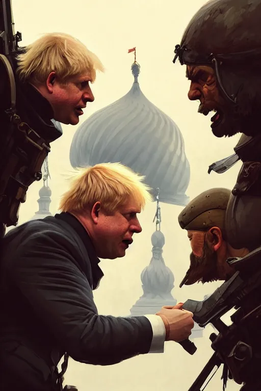 Image similar to aggressive Boris Johnson vs scared Putin, face to face staring, civil war style, highly detailed, digital painting, artstation, concept art, smooth, sharp focus, illustration, cinematic lighting, art by artgerm and greg rutkowski and alphonse mucha