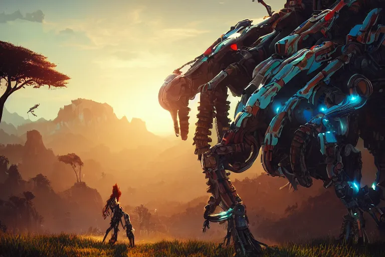 Image similar to tallneck machine mecanical creature robot of horizon forbidden west horizon zero dawn radiating a glowing aura global illumination ray tracing hdr fanart arstation by ian pesty and alena aenami artworks in 4 k