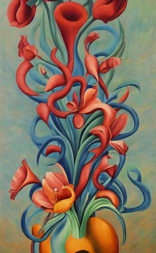 Prompt: a biomorphic painting of a vase with flowers in it, a surrealist painting by Bridget Bate Tichenor, by Georgia O'Keeffe, by Amanda Sage, featured on deviantart, metaphysical painting, oil on canvas, acrylic art, airbrush art