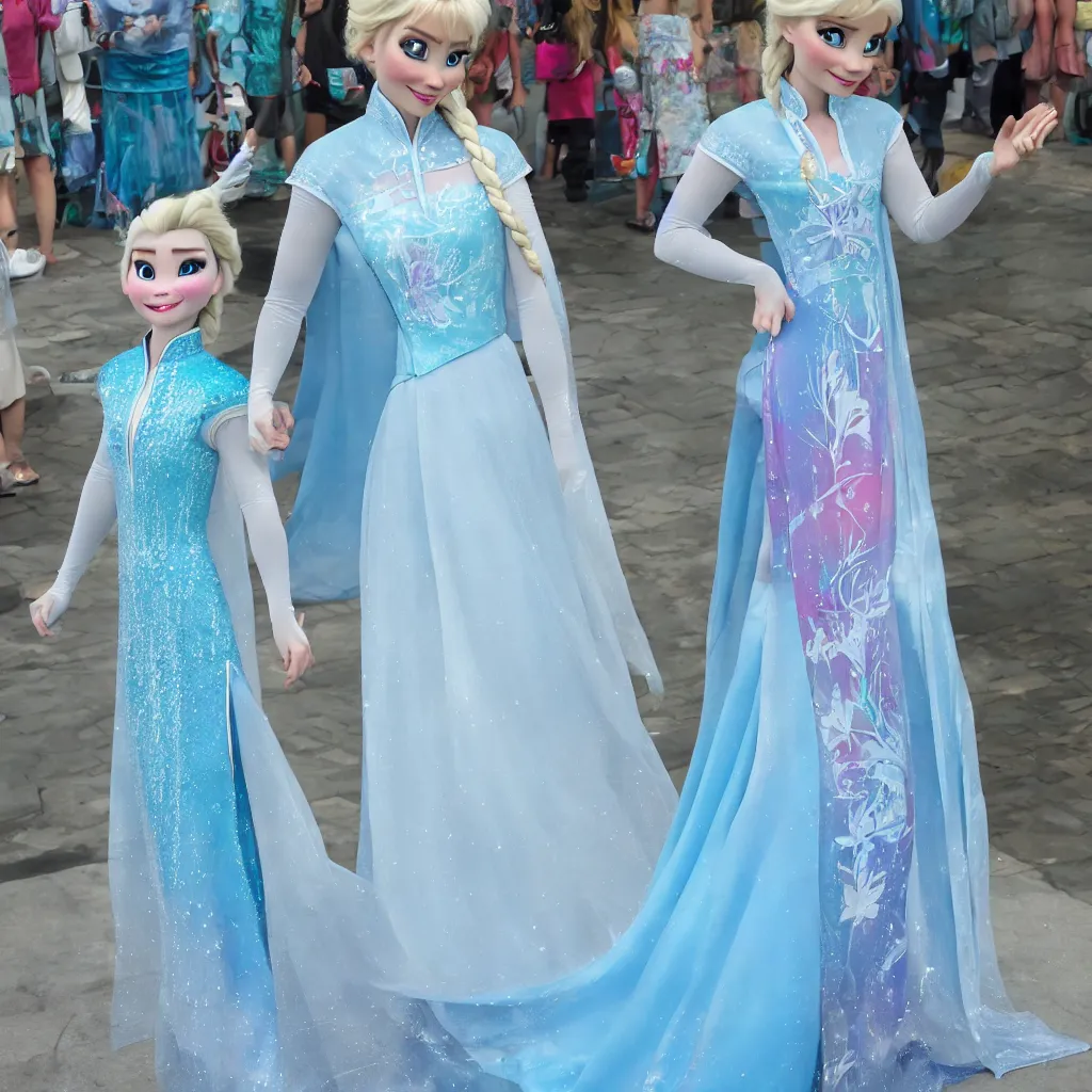 Image similar to elsa is wearing a cheongsam, frozen, disney style, full body.