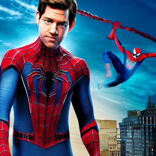Prompt: John krasinski as Spider-Man on the Spider-Man movie cover, high quality render, high quality image, 8K,