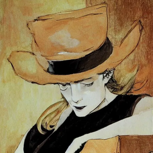 Image similar to drawing portrait of beautiful gorgeous woman with hat by Moebius science fiction