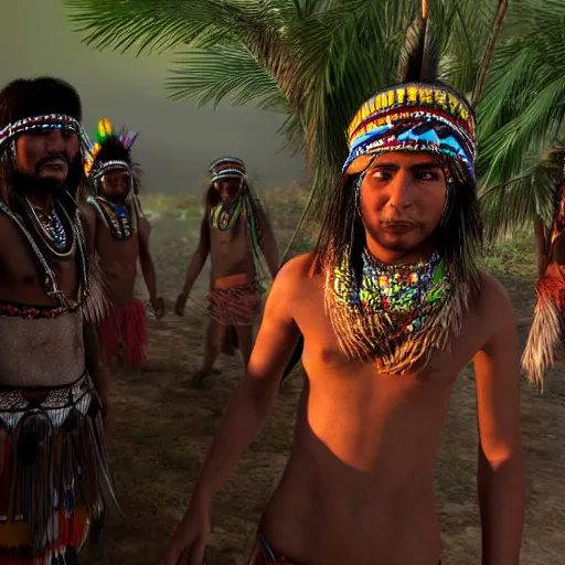 Prompt: south american native tribe in a report for a french tv, ultra detailed, photorealistic, dynamic light, cinematic