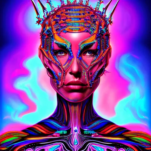 Image similar to extremely psychedelic cyborg queen of lsd. intricate, elegant, highly detailed, photorealistic, digital painting, artstation.