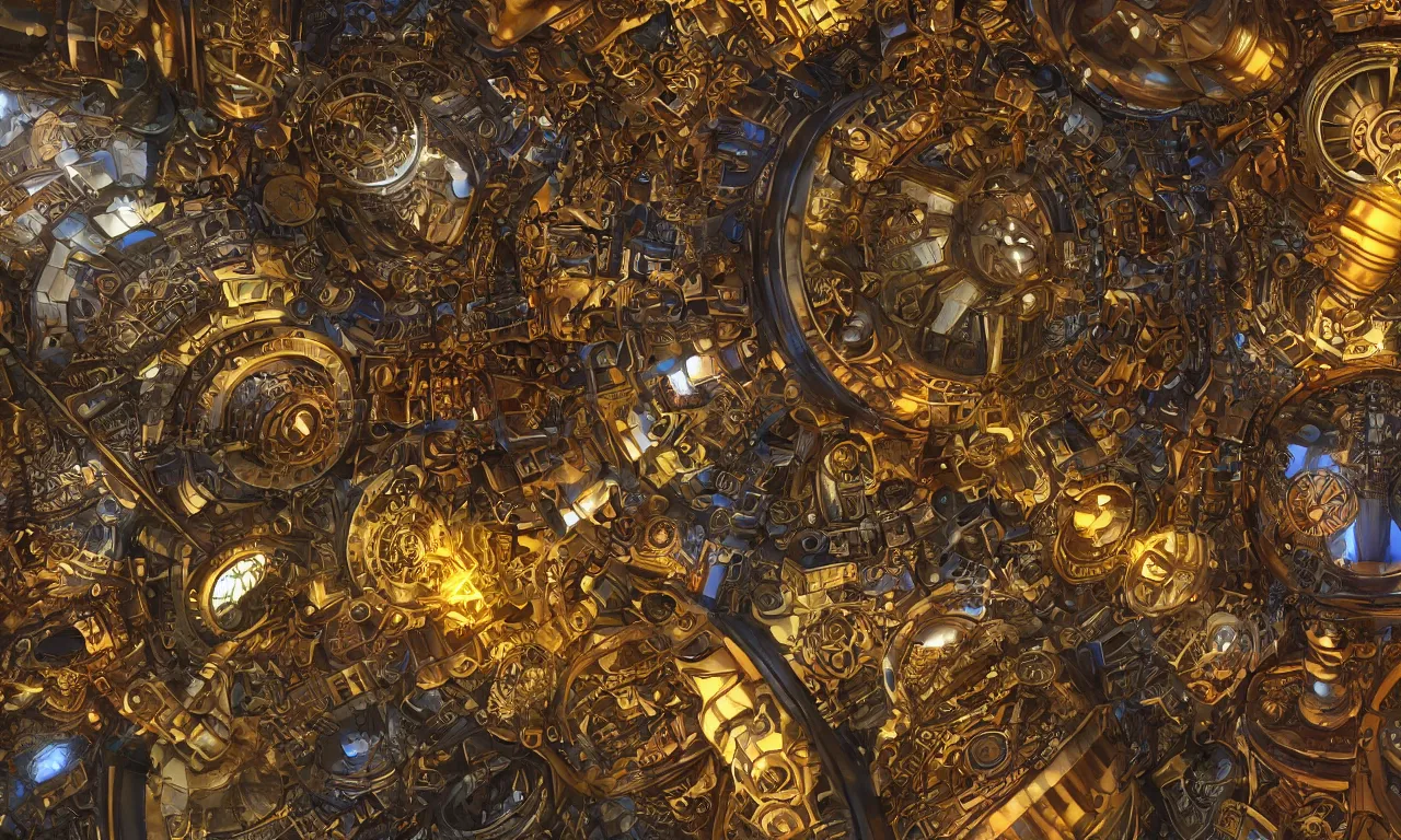 Image similar to steampunk engine laboratory 3 d volume kaleidoscope fractal voronoi metal chakra digital multicolor stylized concept substance natural color scheme, global illumination ray tracing hdr fanart arstation by sung choi and eric pfeiffer and gabriel garza and casper konefal