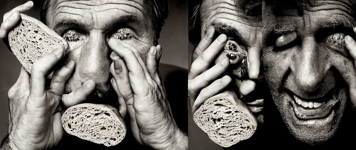 Prompt: award winning photo of a soulless man eating dry bread, vivid colors, happy, symmetrical face, beautiful eyes, studio lighting, wide shot art by sally mann & arnold newman