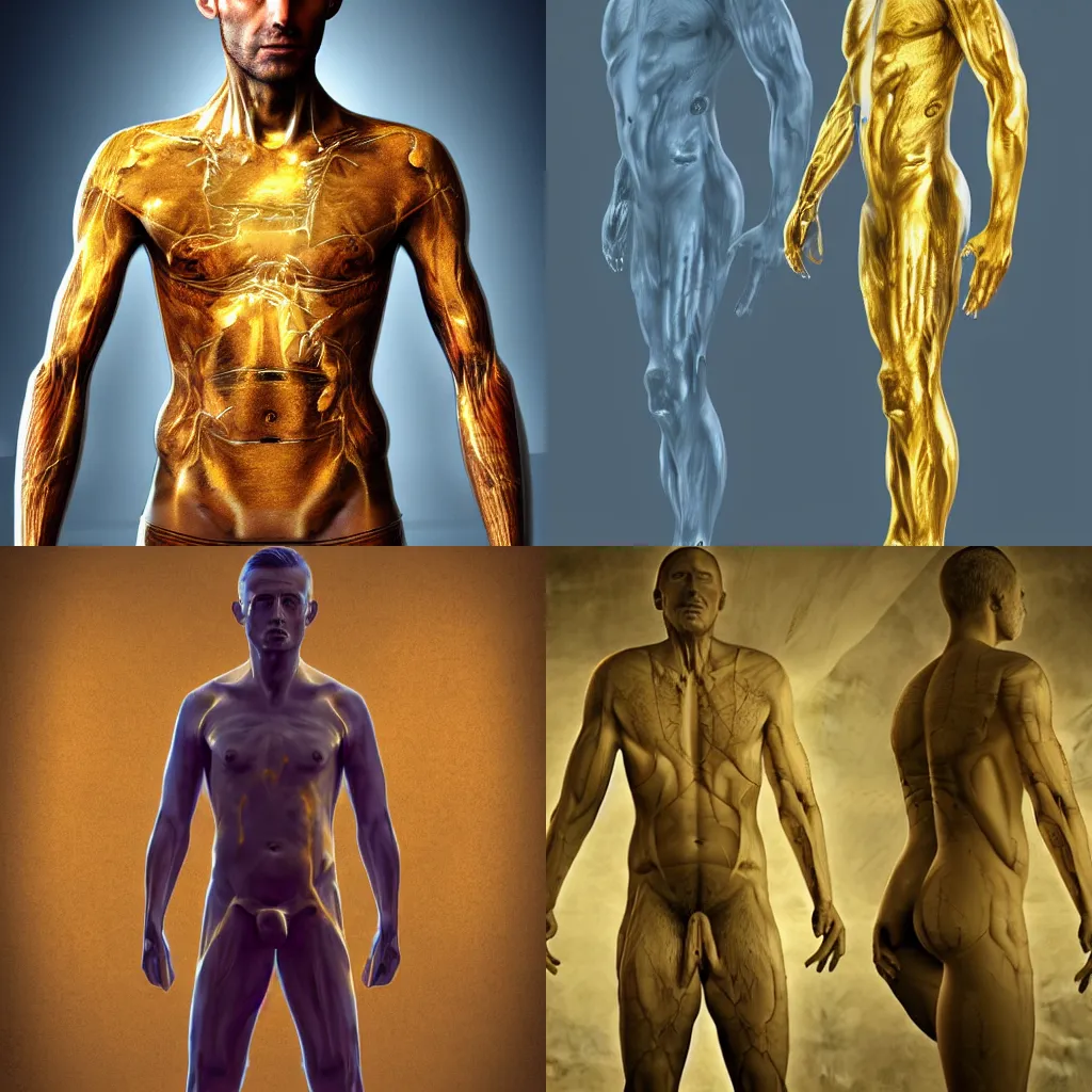 Prompt: a man with golden cracks and scars throughout his body, sci-fi, full-body shot, digital art