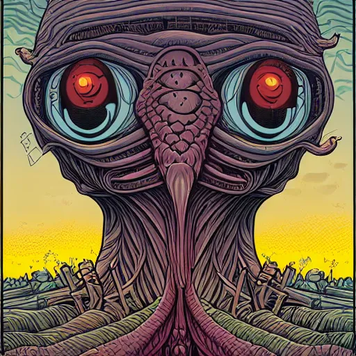 Prompt: An illustration of a monster with a tall neck and a big head, has multiple eyes, illustrated by Dan Mumford