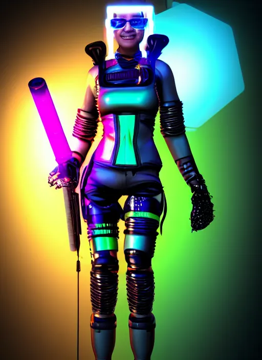 Image similar to cyberpunker with a baseball bat over the shoulder, colorful costume with bionic augments, evil smile, dressed in a t-shirt with an atomic explosion logo, au naturel, hyper detailed, digital art, trending in artstation, cinematic lighting, studio quality, smooth render, unreal engine 5 rendered, octane render, art style by klimt and nixeu and ian sprigger and wlop and krenz cushart