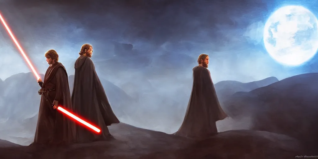 Image similar to anakin skywalker and obi wan kenobi, mustafar, art by da vinci, deviantart, canvas painting, detailed environment, amazing lighting, illumination, painting, art, futuristic, raytracting, dark, contrast, sharp focus, smooth, environment, star wars