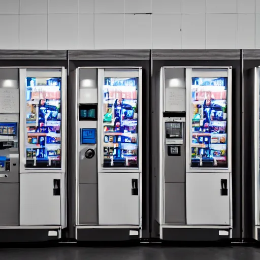 Prompt: noisy color photograph of a vending machine room, laboratory, dark corners, minimalist, cinematic, soft vintage glow