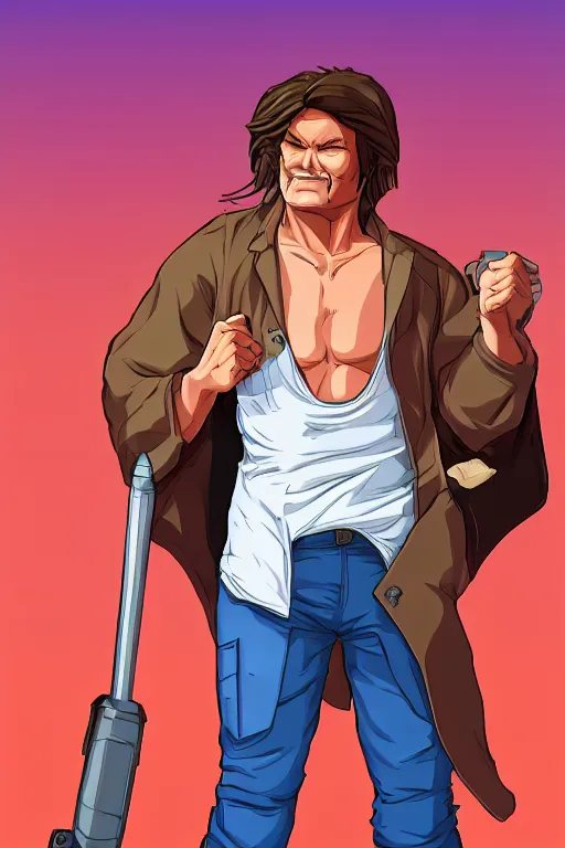 Prompt: character art, full body, kurt russell as jack burton, in the style of hiroaki hashimoto, kof 9 8, tank top, artstation, pixiv, lineart, anime, manga, light skin tone, highly detailed, volumetrics