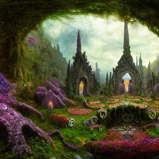 Prompt: a beautiful and highly detailed matte painting of a lost celtic elven temple in a magical fantasy garden, colorful flowers, psychedelic patterns, epic scale, insanely complex, hyperdetailed, sharp focus, hyperrealism, artstation, cgsociety, 8 k, bright colors, by caspar friedrich, albert bierstadt, james gurney, brian froud,