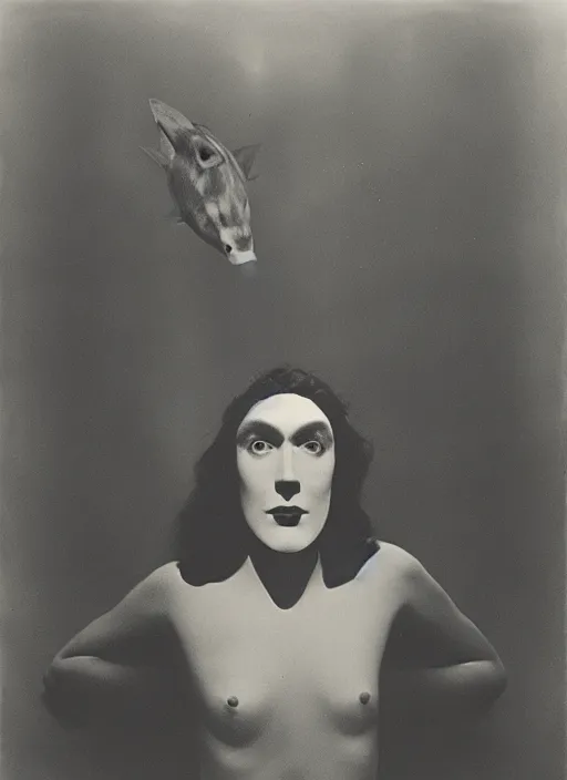 Image similar to female head in a aquarium, lights caustic, tropical fish, surreal photography by Man Ray and Salavdor Dalì