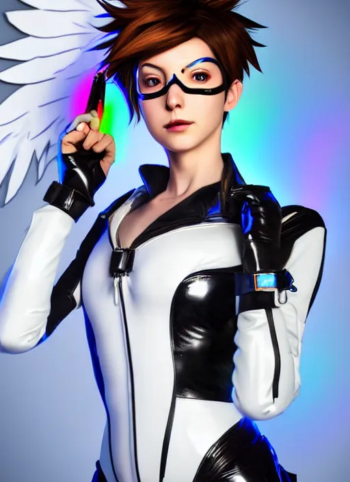 Image similar to portrait bust digital artwork of tracer overwatch, wearing white iridescent rainbow latex and leather straps catsuit outfit, 4 k, expressive happy smug expression, makeup, in style of mark arian, angel wings, wearing detailed black leather collar, chains, black leather harness, detailed face and eyes,