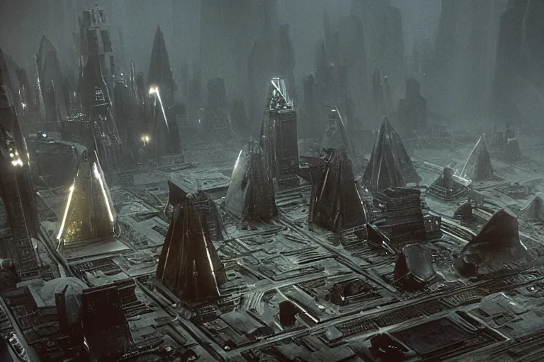 Prompt: Tyrell corporation pyramids, Blade runner, very detailed, photo-realistic, by Ridley Scott and Douglas Trumbull