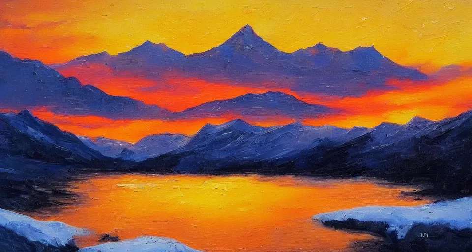 Image similar to landscape painting of snowy mountains at sunset, beautiful painting, oil on canvas, golden hour, by Ewa Czarniecka, award winning masterpiece,