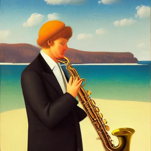 Image similar to a man playing saxophone on the beech by Raphael, Hopper, and Rene Magritte. detailed, romantic, enchanting, trending on artstation.