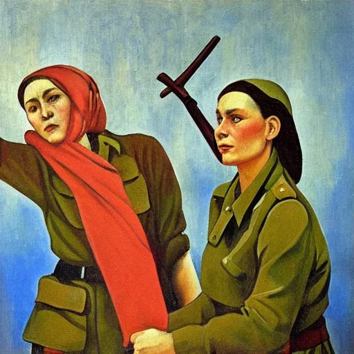 Image similar to soviet painting of female soviet partisan by isaak brodsky, walter womacka, czeslaw znamierowski, vladimir pchelin, kuzma petrov - vodkin, igor berezovsky