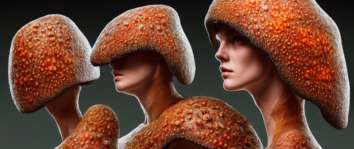 Image similar to hyperrealist highly detailed english medieval portrait of high fashion model wearing fungal fungus fungal growpth mycelia mycel mycelia funal spores spores mycel network armor, lopsided obscure body shape, radiating atomic neon corals, concept art pascal blanche dramatic studio lighting 8k wide angle shallow depth of field