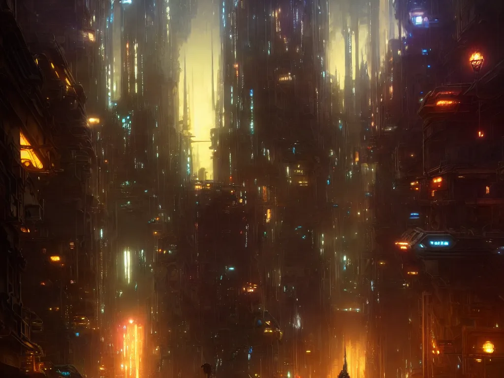 Prompt: cybercity by night street view, fantasy, ultra realistic, concept art, highly detailed by greg rutkowski, gaston bussiere, craig mullins, simon bisley, eddie mendoza