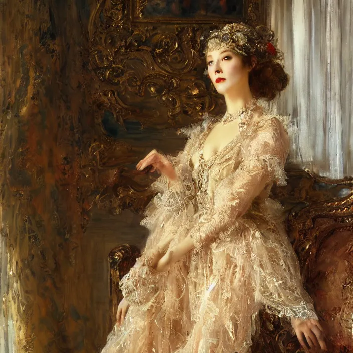 Prompt: longing look of a woman at sunrise, portrait, highly detailed, backlit, bourgeoise, extremely opulent, ornate art, pompous, ornamental, richly detailed, digital art by wlop, adolph menzel, carvaggio