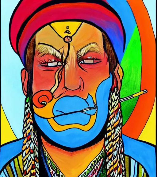 Prompt: Painting in a style of Alex Grey of a shaman dressed in a colorful traditional clothes. He is smoking a pipe