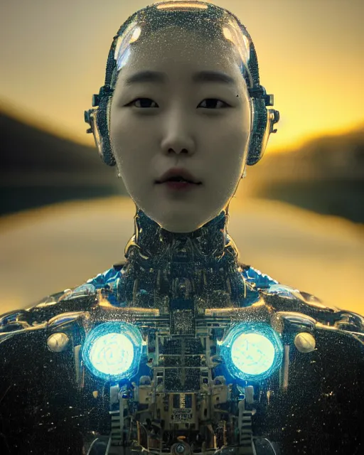 Prompt: beautiful centered photo portrait of hoyeon jung as a solarpunk robotic humanoid with white mechanical parts with bright halogen lights, walking through water, ultra - realistic and detailed, white background, sunset lighting, soft focus, slow exposure hdr 8 k