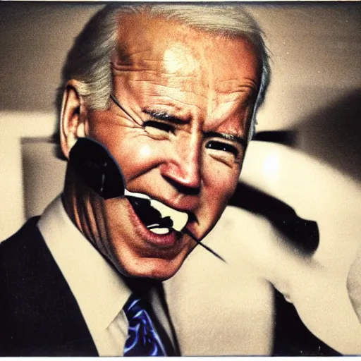 Image similar to polaroid of joe biden punching camera, enraged, angry, gritting teeth, spit flying, blurry, motion blur