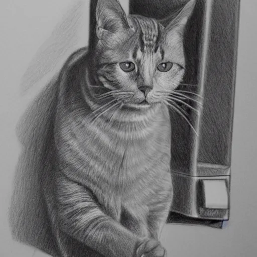 Prompt: 3D photorealistic pencil drawing of a cat in a suit with a briefcase on his way to work