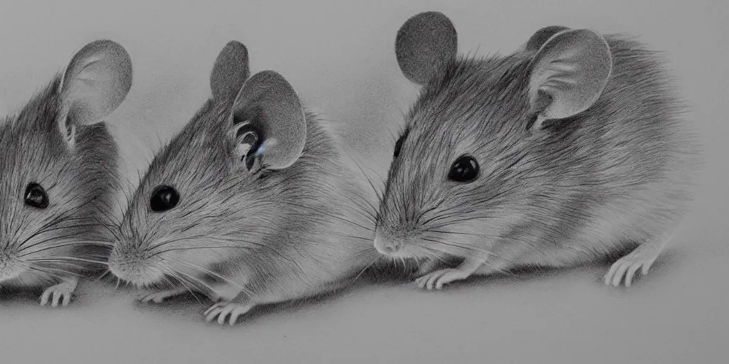 Image similar to a beautiful pencil drawing of exactly two!!! mice; masterpiece; extremely highly detailed; ultra-realistic; trending on artstation