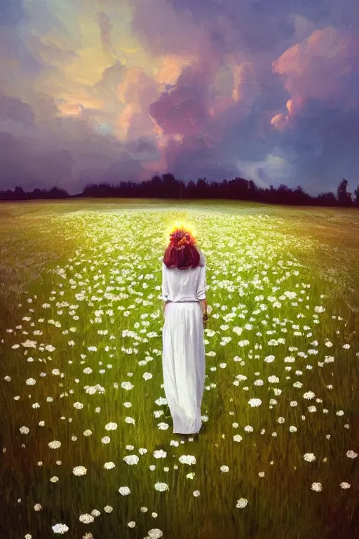 Image similar to white daisy flowers as head veil, girl walking in a flower field, surreal photography, sunrise, dramatic light, impressionist painting, colorful clouds, digital painting, artstation, simon stalenhag