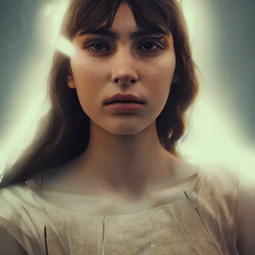 Image similar to portrait art of female angel by alessio albi 8 k ultra realistic, lens flare, atmosphere, glow, detailed, intricate, full of colour, cinematic lighting, trending on artstation, 4 k, hyperrealistic, focused, extreme details, unreal engine 5, cinematic, masterpiece