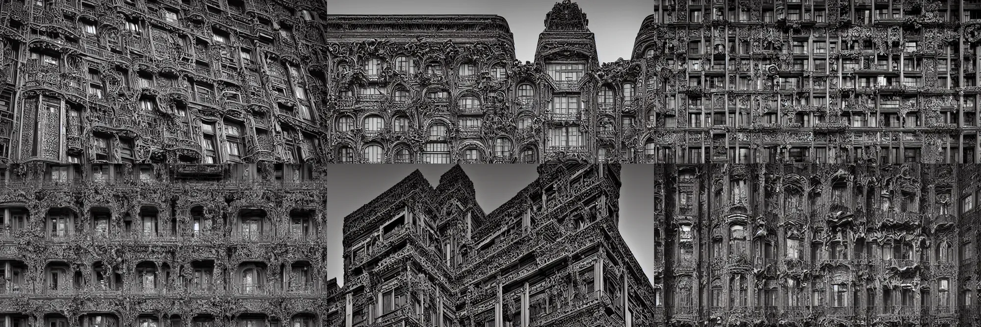 Prompt: a professional photograph of an apartment building by Louis Sullivan and H.R. Giger covered in black ironwork, Sigma 75mm, ornate, very detailed, hyperrealistic, liminalspaces, Symmetrical composition, centered, intricate, panoramic, Dynamic Range, HDR, chromatic aberration, Orton effect, 8k render, photo by Marc Adamus