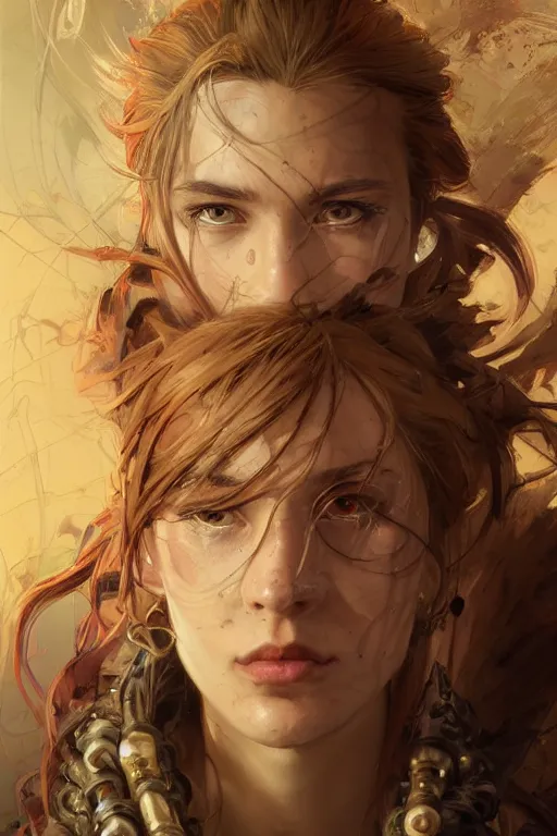 Image similar to A masterpiece portrait of a Incredibly beautiful queer Syberian post apocalyptic shaman girl . medium shot, intricate, elegant, highly detailed. trending on artstation, digital art, by Stanley Artgerm Lau, WLOP, Rossdraws, James Jean, Andrei Riabovitchev, Marc Simonetti, Yoshitaka Amano