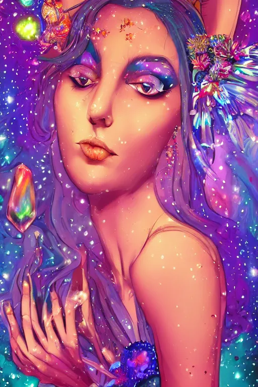 Image similar to psychedelic, digital painting, 4k, illustration, beautiful seductive woman with fox ears smoking weed, with professional makeup, long trippy hair, a crystal and flower dress, sitting on bed of crystals, surrounded by gems, underneath the stars, rainbow fireflies, trending on patreon, deviantart, twitter, artstation, volumetric lighting, heavy contrast, art style of Greg Rutkowski and artgerm and alphonse mucha