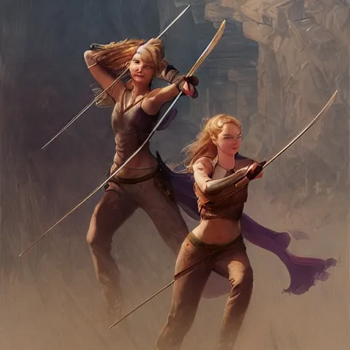 Prompt: Jennifer Lawrence and Elle Fanning as archers by Stanley Artgerm Lau, WLOP, Rossdraws, Frank Frazetta, Andrei Riabovitchev, Marc Simonetti, trending on artstation.