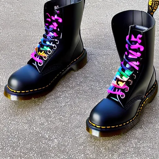 Image similar to a black leather dr martens boot with rainbow laces