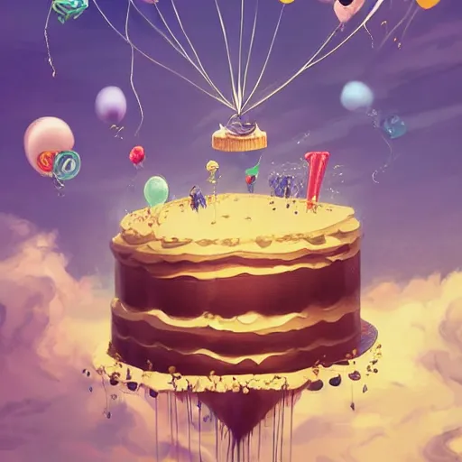 Prompt: a giant floating cake suspended to plenty of floating birthday balloons. digital art, highly - detailed, artstation cgsociety masterpiece