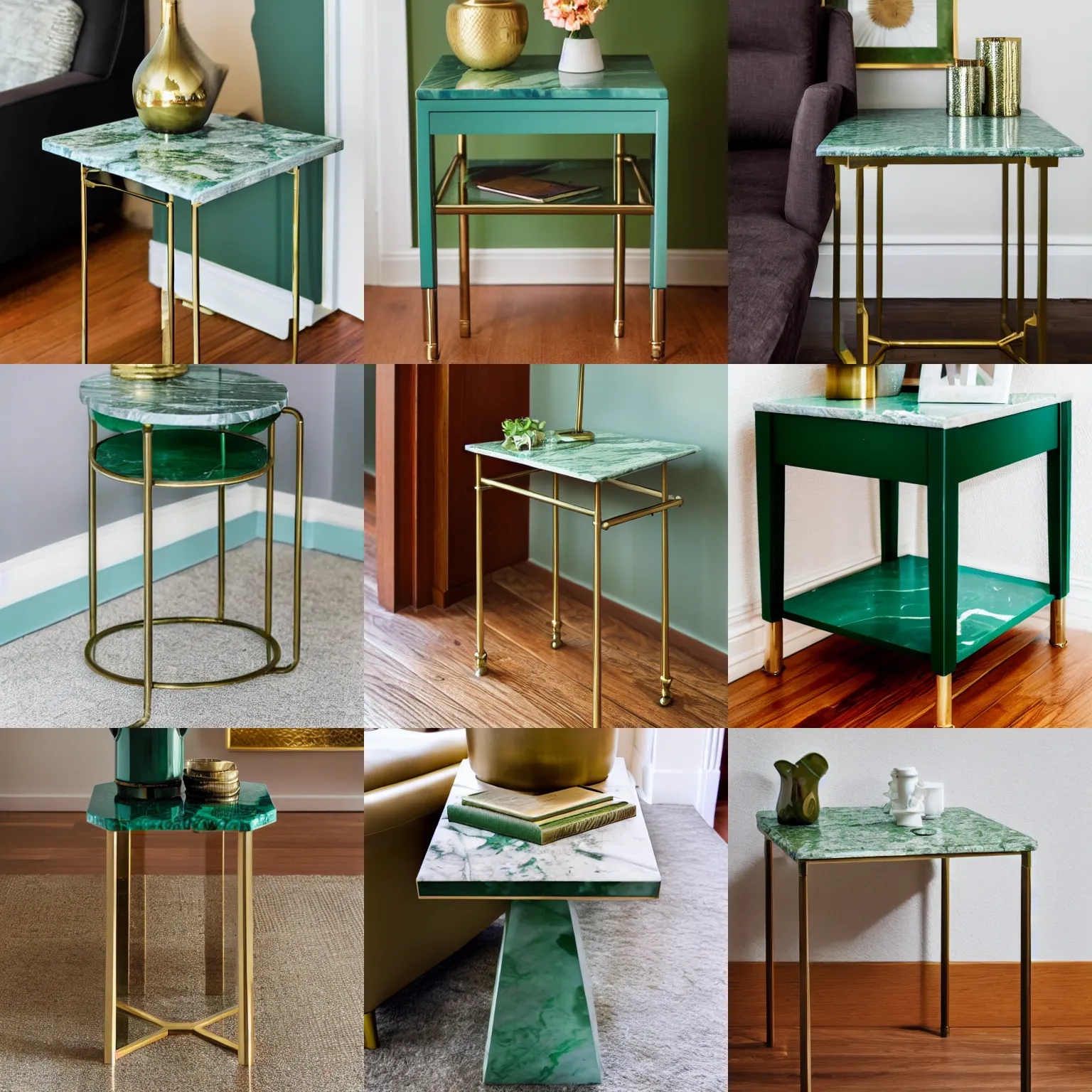 Prompt: detail photo of end table with green marble top, brass legs, standing on hardwood floor, in hallway