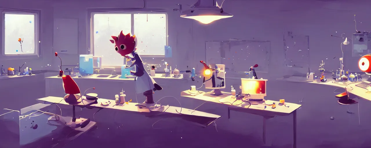 Image similar to goro fujita ilustration a science laboratory in a game dev studio office, explosion in the laboratory, small sparkles from computers, painting by goro fujita, sharp focus, highly detailed, artstation