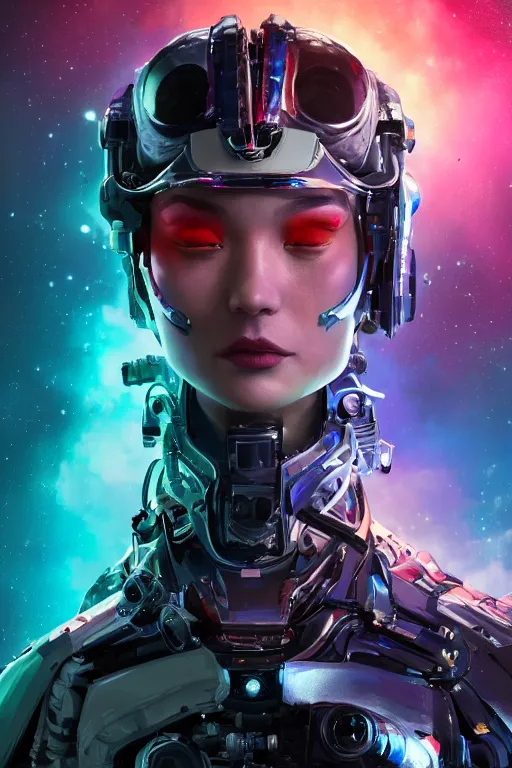 Image similar to a fancy portrait of a beautiful cyborg floating in space with a colourful colour scheme by dustin nguyen, sung choi, mitchell mohrhauser, maciej kuciara, johnson ting, maxim verehin, peter konig, bloodborne, 8 k photorealistic, cinematic lighting, hd, high details, dramatic, dark atmosphere, trending on artstation