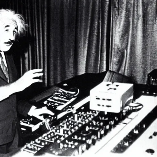 Image similar to photo of albert einstein as a dj behind the dj decks in the club