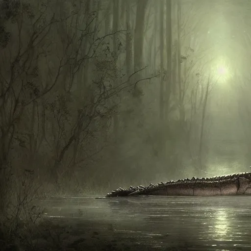 Image similar to a crocodile swimming in a swamp horror gustave dore greg rutkowski sinister by greg rutkowski, grey mist