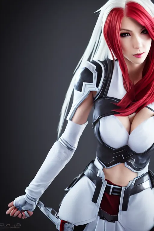 Image similar to Katarina from League of Legends shaking hands with Mercy from Overwatch, photorealistic full body, studio lighting, white ambient background, highly detailed
