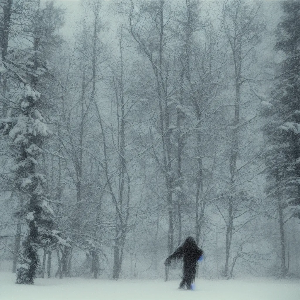 Image similar to photo, bigfoot is hiding in the background. cold color temperature, snow storm. hazy atmosphere. humidity haze. kodak ektachrome, greenish expired film, award winning, low contrast