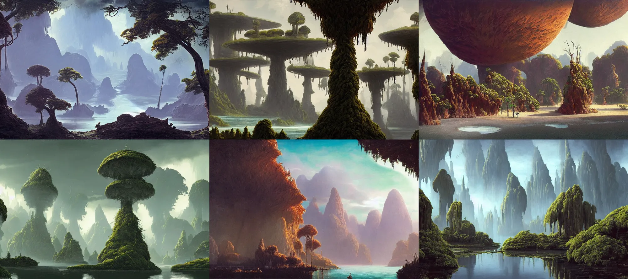 Prompt: A Kashyyyk landscape in the style of Dr. Seuss, starships, painting by Raphael Lacoste