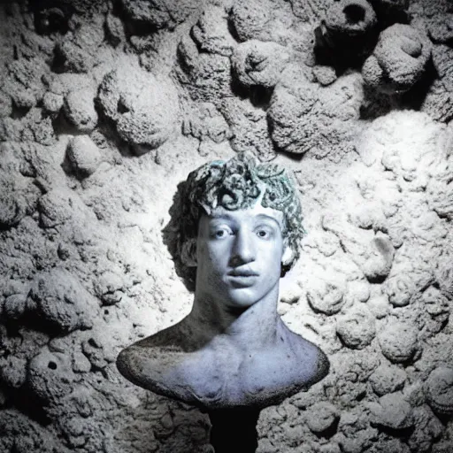 Prompt: Award-winning photograph by Cindy Sherman. The photo depicts a decaying roman bust of Mark Zuckerberg overgrown with moss at the bottom of the sea in the middle of ruins of civilization. Far shot. Minimalism, high definition, perfect composition. Deep sea picture. Very dark. Volumetric Lighting. Fish. Darkness. Ruins. Far Shot